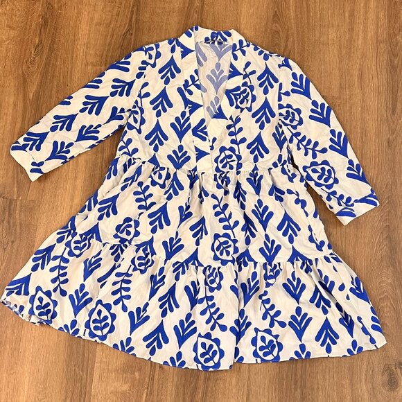 Zara Blue White Bold Print Tiered Swing Dress Sz M - Picture 5 of 11